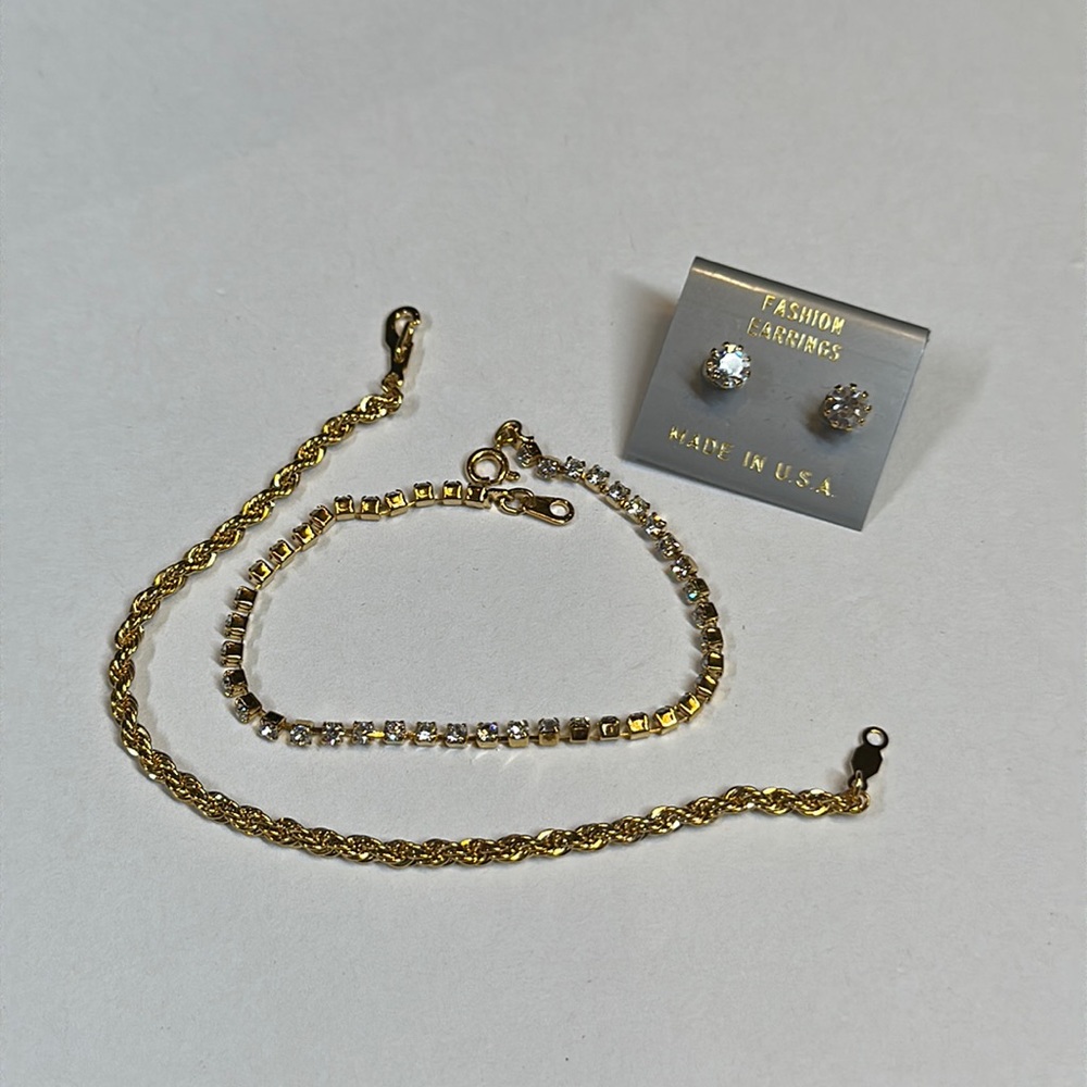 Gold tone rope chain bracelet rhinestone tennis bracelet and stud earrings